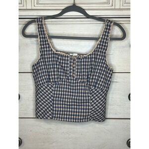 Kirious Los Angeles Blue Gingham Plaid Smocked Crop Tank Top Cottagecore Medium